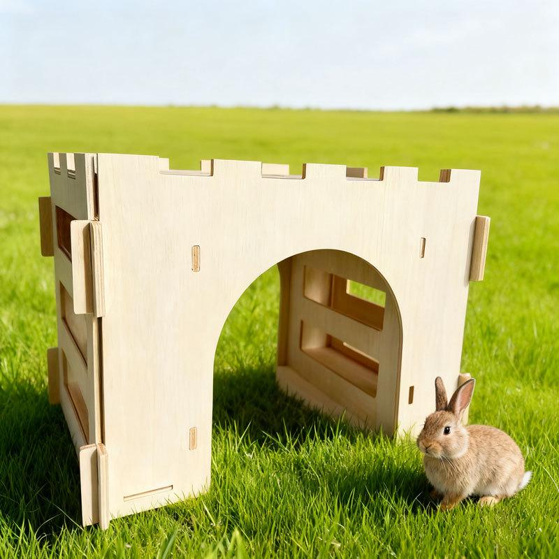Interactive Hamster & Rabbit Wooden Hideout with Hay Feeder