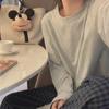 Корейский стиль Женская пижама из искусственного хлопка: Однотонный топ с длинными рукавами и клетчатые брюки на весну и осень