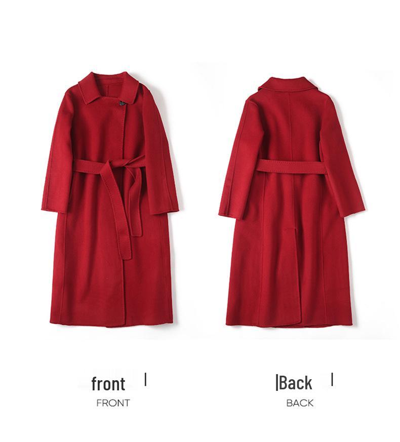 Women's Mid-Length Double-Sided Cashmere Coat with Belt and Small Square Collar, Solid Color, Autumn/Winter Over-the-Knee Trench Outerwear