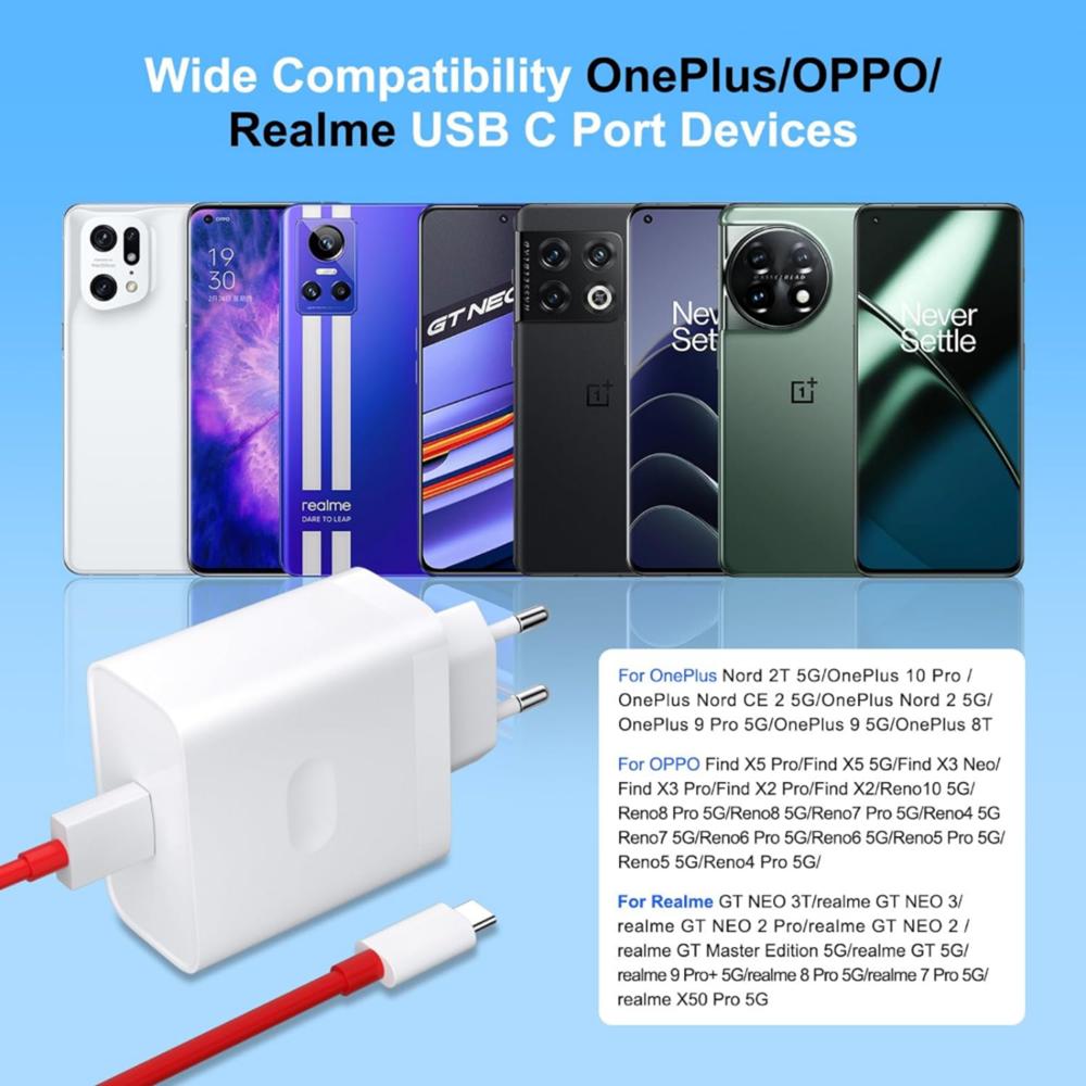 Сверхбыстрое зарядное устройство USB 80 Вт EU для OnePlus 9 10 11 12 13 Nord CE 2 3 Lite N300 OPPO Realme 12 GT NEO 2 3 Кабель Type C Warp Charge