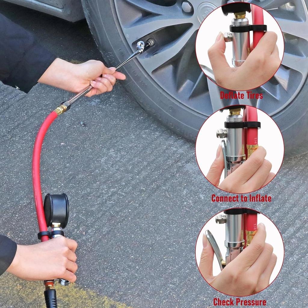 WYNNsky Tire Inflator With Tire Pressure Gauge, Extended Straight-On Air Chuck With 12 Inch Rubber Air Hose