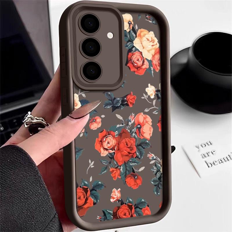 Винтажный чехол с принтом роз и ударопрочным узором для Samsung S24 FE S23 Ultra S22 A16 A55 A15 A35 A54 A25 A34 A14 Мягкий матовый защитный чехол для объектива из ТПУ