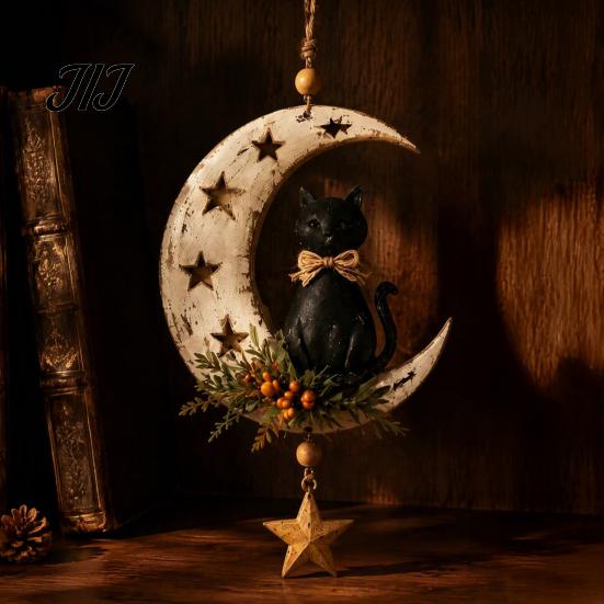 Unique Gift for Cat Owners Crescent Moon Black Hanging Ornament, on Wall Decor, Decor Rustic Star Door Window Pendant Gothic Farmhouse Room Decoration