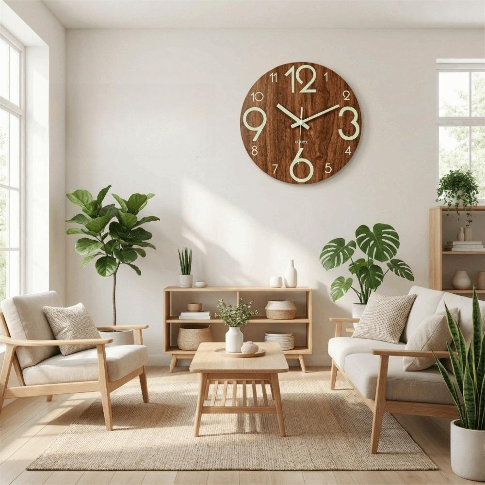 8 Inch 3D Wall Clock Wooden Glowing Hanging Clock Modern Luminous Wall Clock Living Room