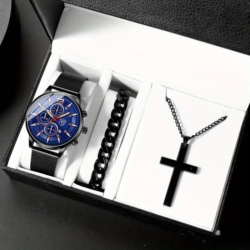 3pcs/set Fashion Men's Sports Stainless Steel Mesh Belt Quartz Watch & Bracelet Neckalce Set