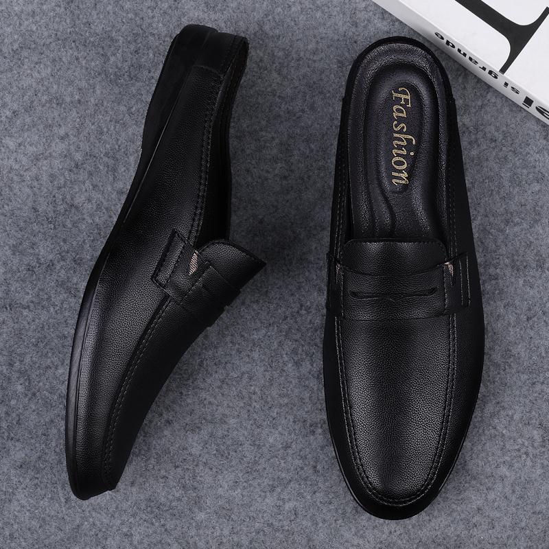 Fashion Handmade Loafers Summer Slip On Half Shoes for Men Genuine Leather Slippers Casual Breathable Comfy Male Muller Shoes Half Drag