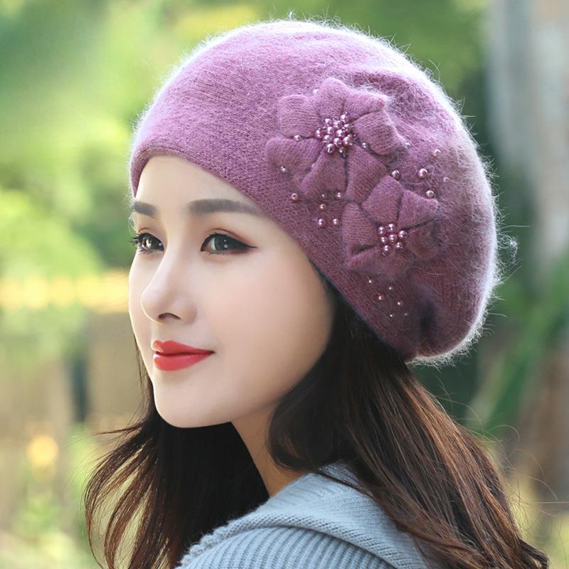 Осенне-зимние шапки Универсальные с бархатным теплом Шапки из кроличьей шерсти Женские вязаные шапки Береты с жемчугом