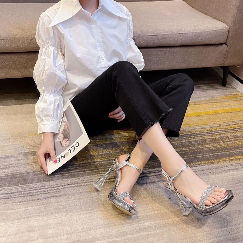 Transparent Crystal Heel Open-toed High Heels Women's 2025 Summer New Korean Version of Rhinestone Thick Heel with Waterproof Table Shoes