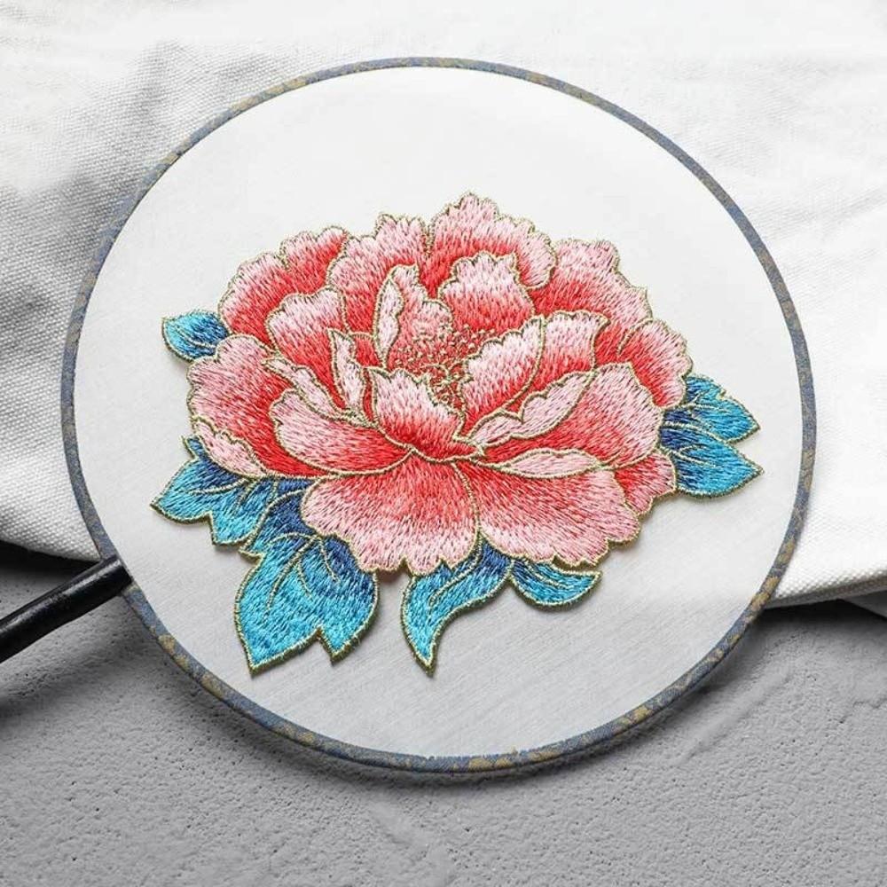 Chinese Style Peony Embroidery Patch Handmade Glue-free Applique Sew On Big Size Decorative Applique for Cheongsam Dress DIY