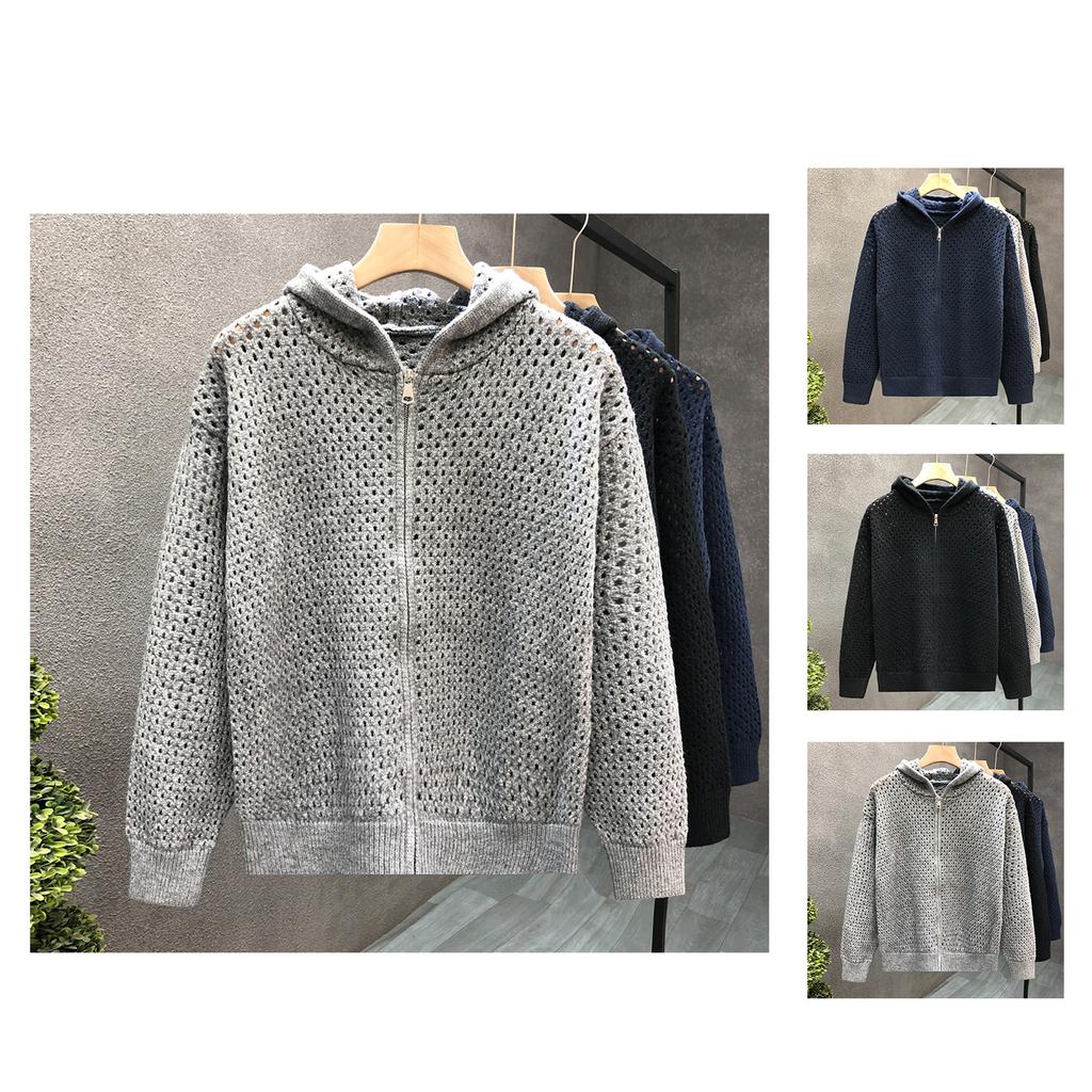 Men's Casual Solid-color Cutouted Hooded Cardigan Knitted Sweater Coat