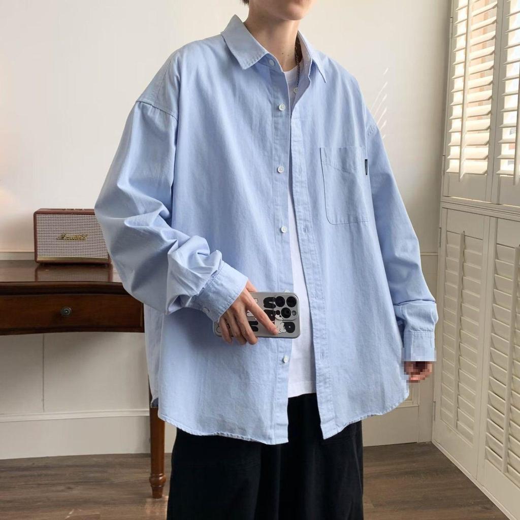 2024 Мужская весенняя однотонная свободная рубашка с длинным рукавом в корейском стиле