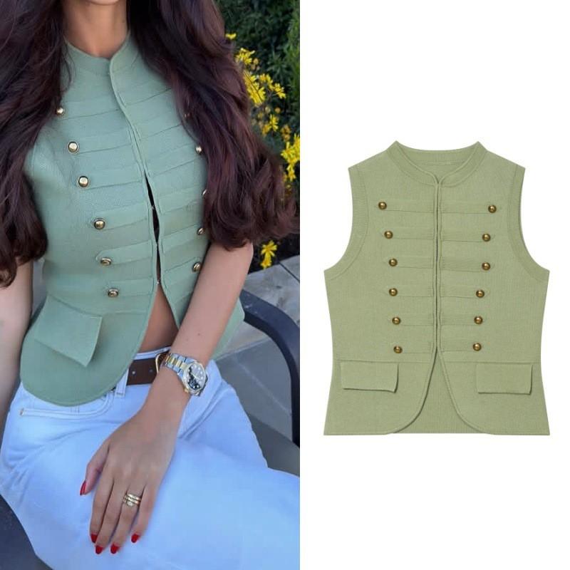 Vintage Knit Vest With Knot Button Street Style Slim Fit Sleeveless Top Young Women