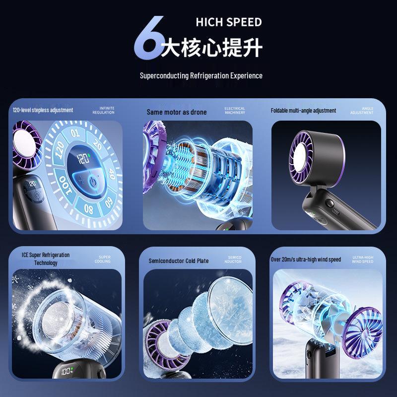 Handheld Mini Portable Fan with Long Battery Life, USB Charging, Cooling Ice Pack, and Foldable Design.