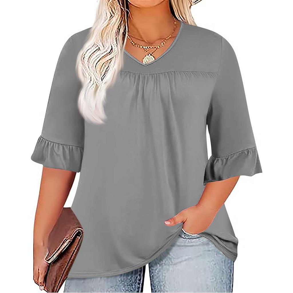 Женская модная повседневная однотонная футболка с v-образным вырезом и принтом, плиссированная футболка с рукавами семь минут, топы больших размеров