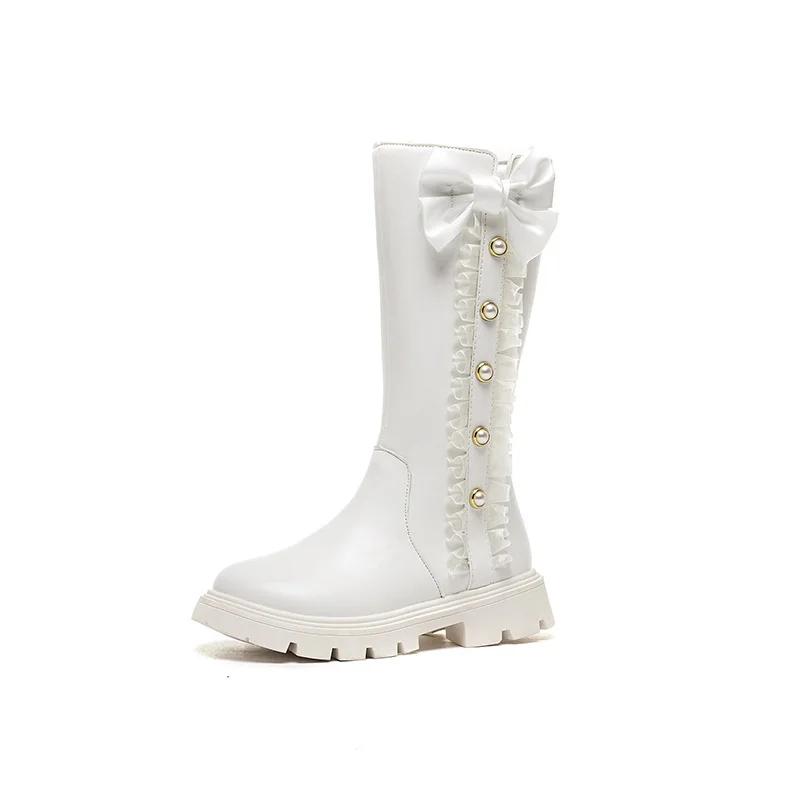2024 Детские высокие сапоги для девочек, осенние новые шикарные, с бисером, милые, с бантом, нескользящие, элегантные, кружевные, нескользящие, кожаные туфли