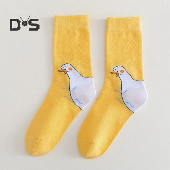 1 Pair Couple Winter Cartoon Socks Goose Duck Printing Mid-tube High Elasticity Wrapping Anti-slip Socks Comfort Warmth Sleeping Socks
