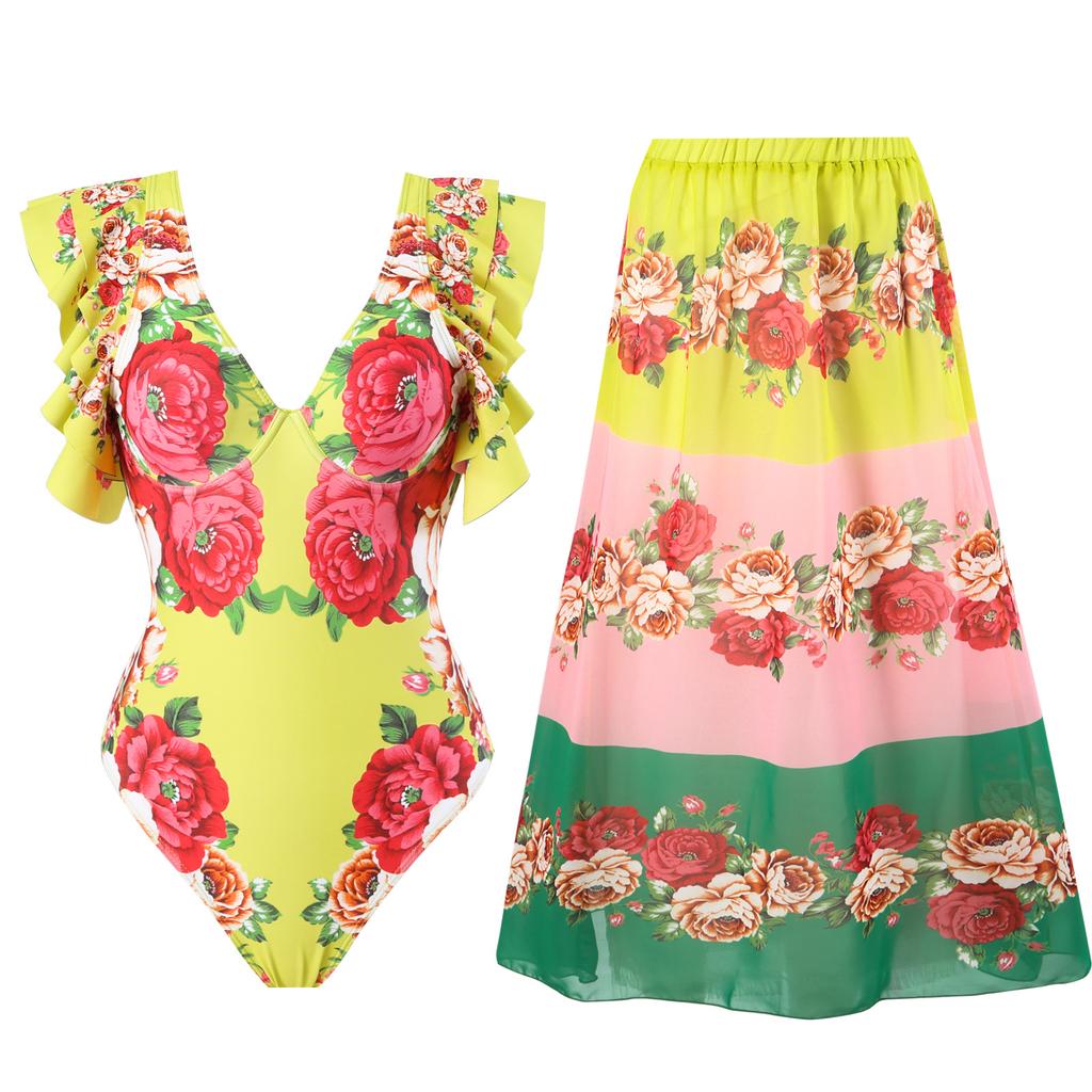 New Sexy One-piece Swimsuit Women's Printed Two-piece Chiffon Skirt Swimsuit Set