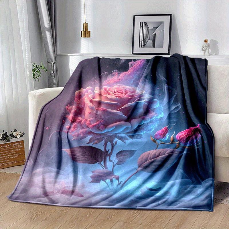 1pc Pink Rose Printing Lightweight Flannel Blanket, Comfortable and Warm Blanket, for Camping Sofa Bed and Couch Office, Gift