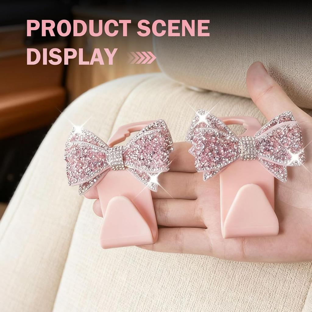 2 PCS Bling Bow Purse Hook for Car, Cute Seat Headrest Hooks, Automotive Interior Decoration Accessories, Universal for Most Cars, Trucks, SUVs