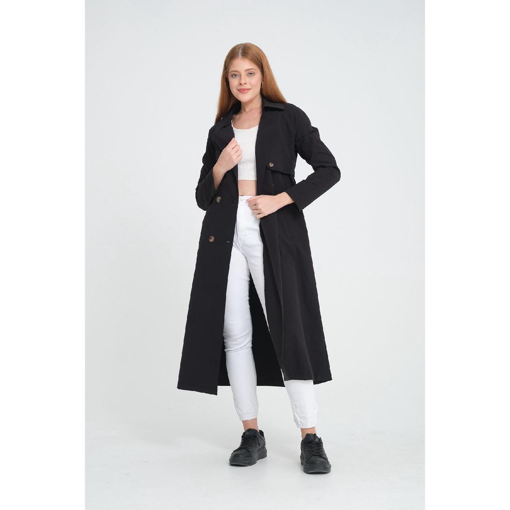 Двубортный тренч средней длины с рукавами реглан (120 см) Темно-бежевый 7558