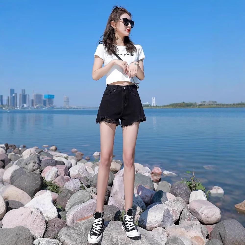 Черные джинсовые шорты с высокой талией - Лето 2025 Облегающие Свободные А-силуэта С необработанным краем Хот-пэнтс для женщин