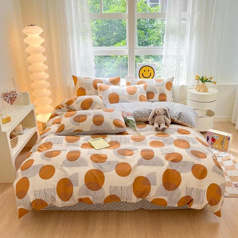 Комплект постельного белья из 3 предметов с цветными цветами в мультяшном стиле из 100% хлопка, мягкий и приятный на ощупь, с 2 наволочками