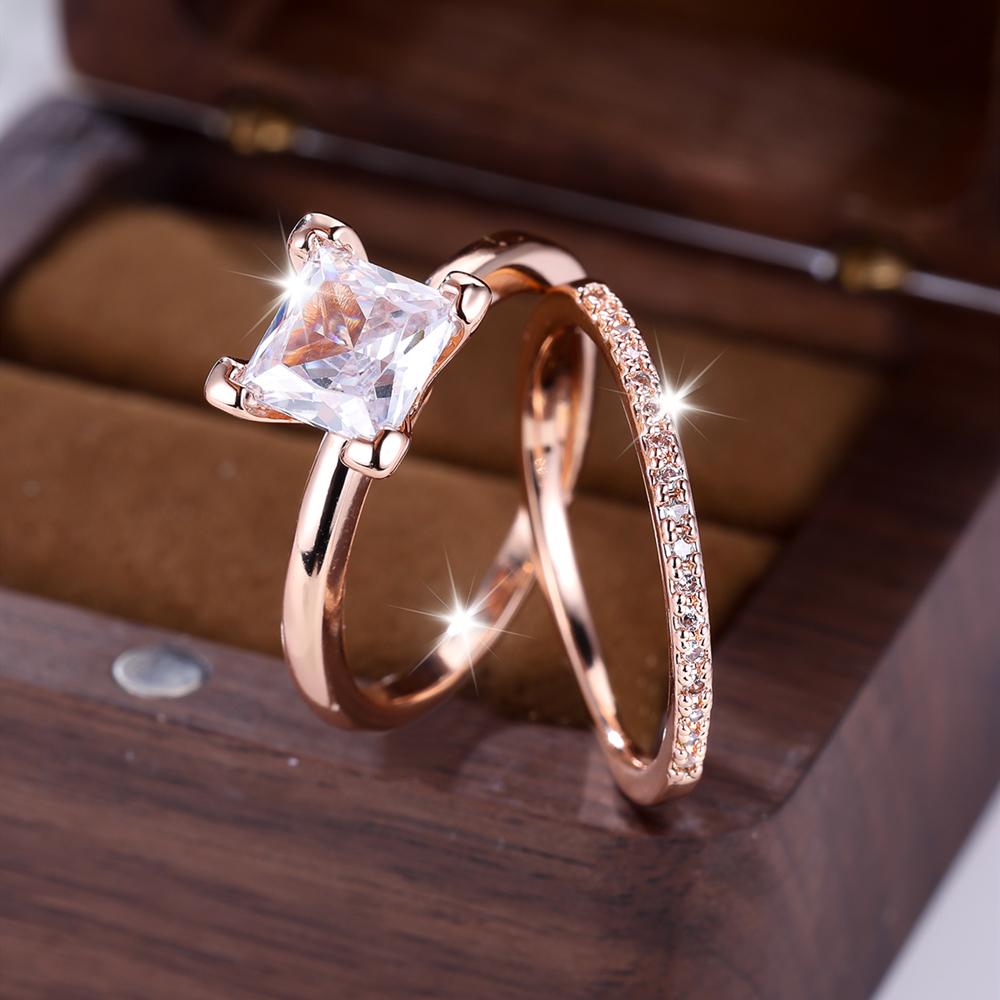 Luxury Rose Gold Rings Set for Women Thin Princess Cut Cubic Zirconia Fashion Wedding Jewelry Size 6-10