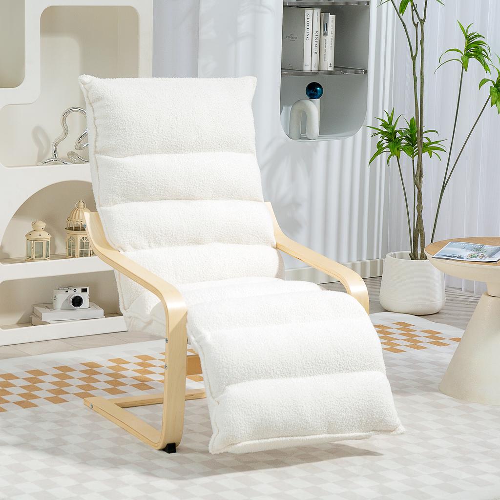 Lounge Chair Made of Birch Wood, Upholstered Armchair, Adjustable Footrest, White
