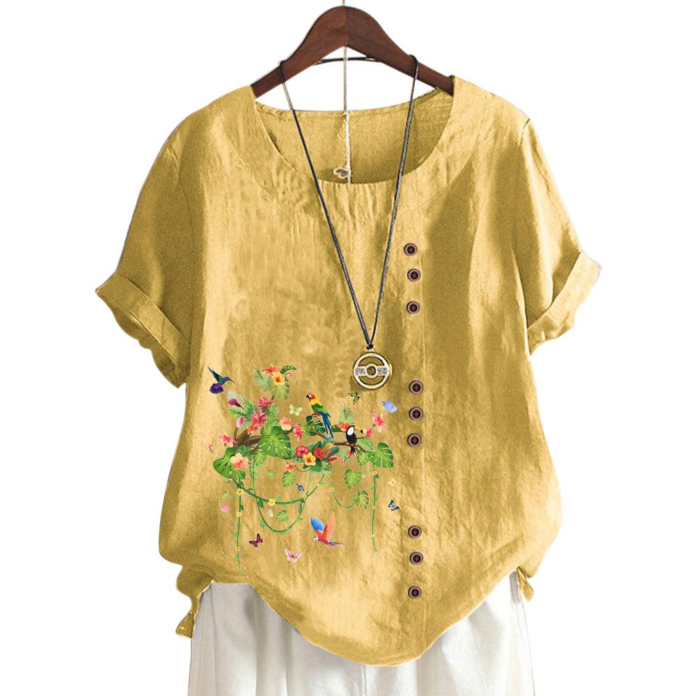 Fashionable Women's Cotton Short Sleeve Top with 11 Colorful Floral Prints and Round Neck
