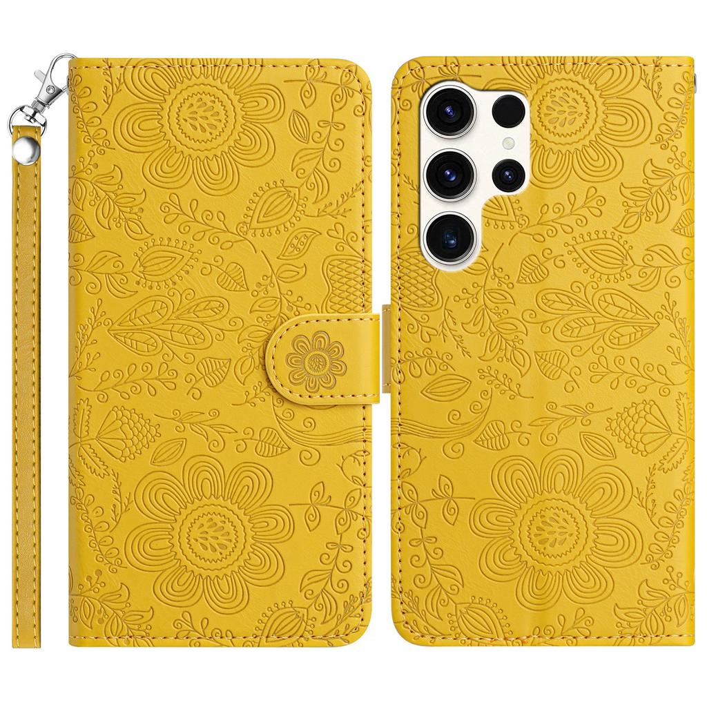 For Samsung Galaxy S25 Ultra Case Flower Imprint Leather Flip Wallet Phone Cover with Wrist Strap