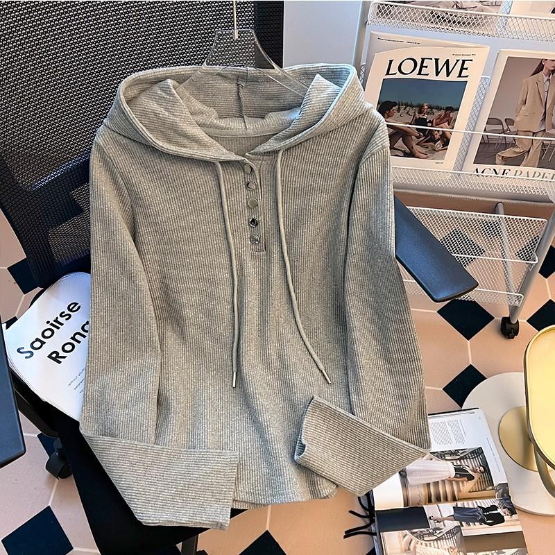 Plus Size 240 Jin Loose Fit Drawstring Hooded Long Sleeve Women's T-shirt - Spring/Autumn Slimming Base Top