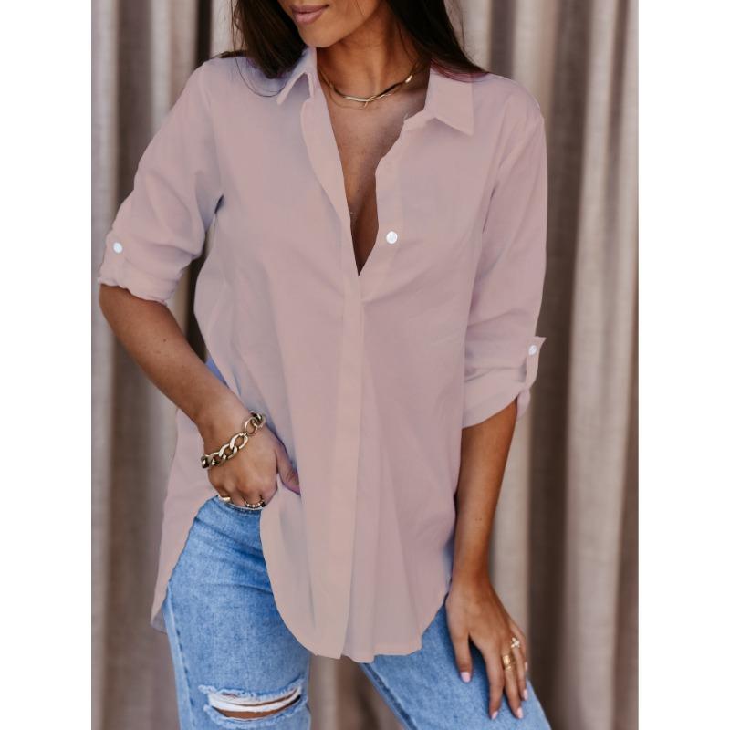 Women's Fashion Casual Spring Fall Solid Color Print Long Sleeve POLO Neck Blouses & Shirts