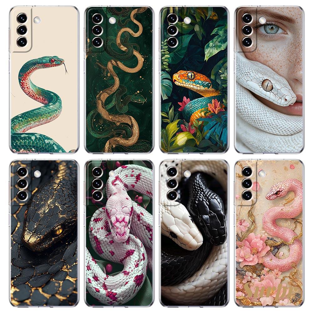 Phone Case For Samsung Galaxy S25 Edge S24 S23 FE S22 Ultra S20 S21 5G S10 Plus S10E Soft Clear Cover Blossom Pink Snake