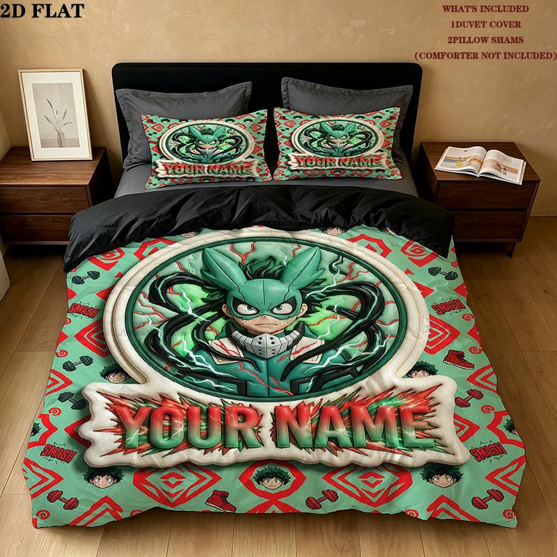 Custom Name,Izuku Midoriy Pattern Bedding Home Decoration Birthday Gift ( 1 duvet cover + 2 pillowcase, without core),fan merchandise.