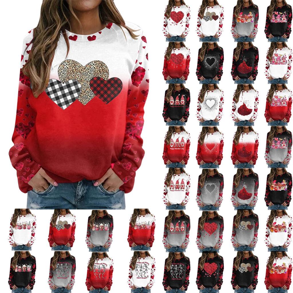 Женский повседневный пуловер с круглым вырезом и длинными рукавами, футболка с принтом ко Дню святого Валентина, топ