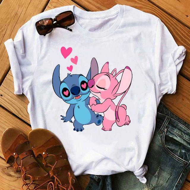 Disney Cartoon Kawaii Lilo Stitch Graphics Women T-Shirt Summer Tees Loose 90S Short Sleeve Blouses O-Neck Ladies White Y2K Tops