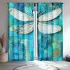 2pcs Teal Tie-Dye Curtains with Dragonfly Design – Elegant Grey to White Ombre Window Drapes   Semi-Transparent Polyester Fabric