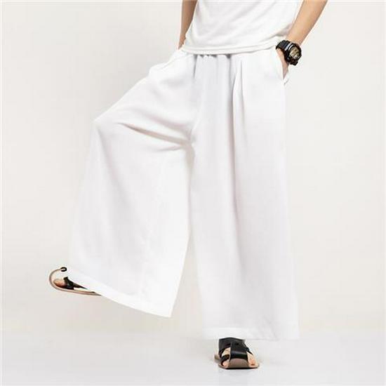 Men's Ice Silk Retro Chinese Style Drape Nine-Point Wide-Leg Pants