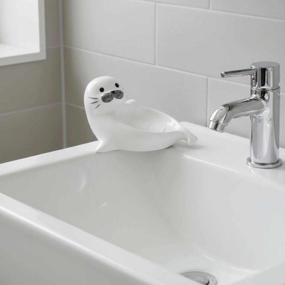 Cute Self Draining Soap Holder Drainable Bathroom Decor Organizer Sea Lion Soap Dish Countertop