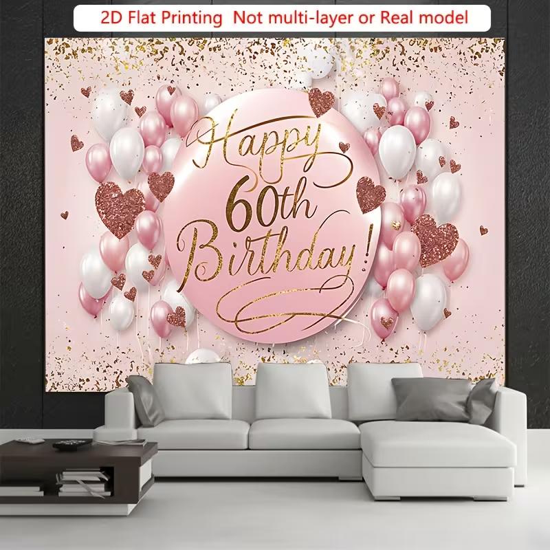 2D Glitter Pink 60th Birthday Backdrop for Women Celebration