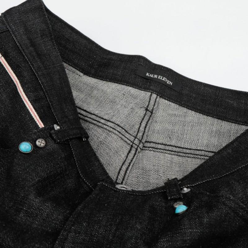 Unisex Vintage Raw Edge Black Denim Jeans Straight Wide Leg With Rivets Turquoise Accents