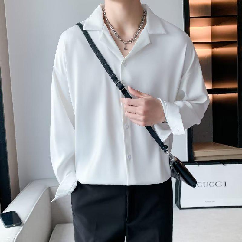 Men's Short-Sleeve White Cuban Collar Shirt - Trendy, High-End, Loose Fit, Casual Ice Silk Summer Wear