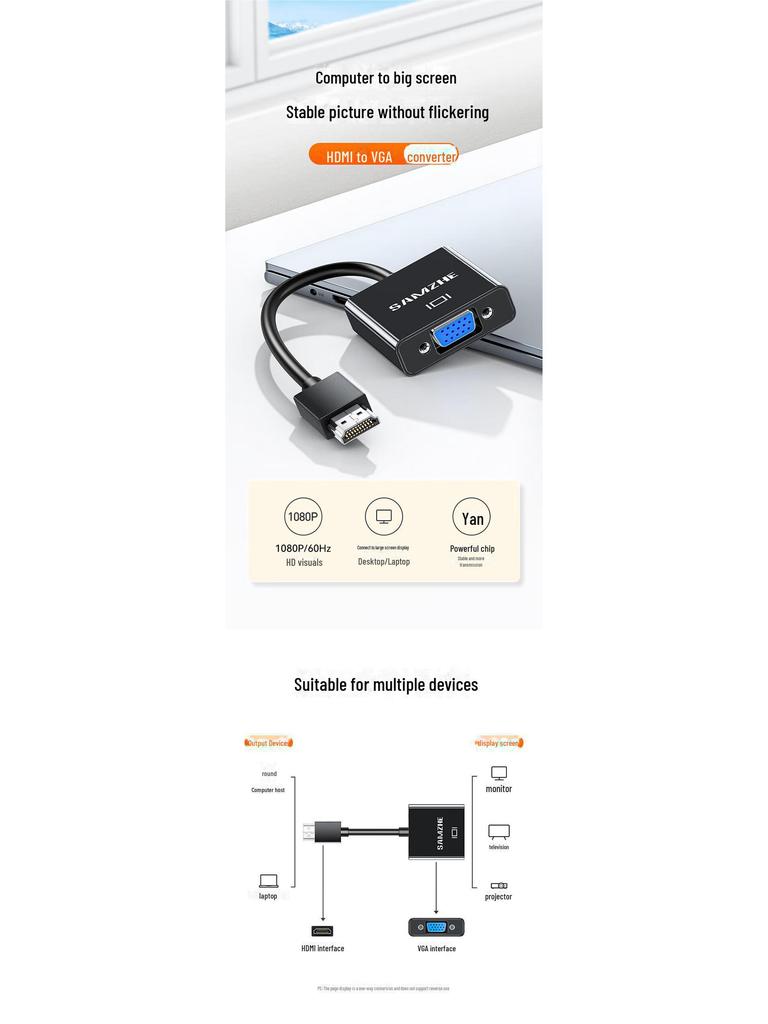 Shanze HDMI to VGA Cable Converter HD Video Adapter (Черный, круглый шнур HHV07)