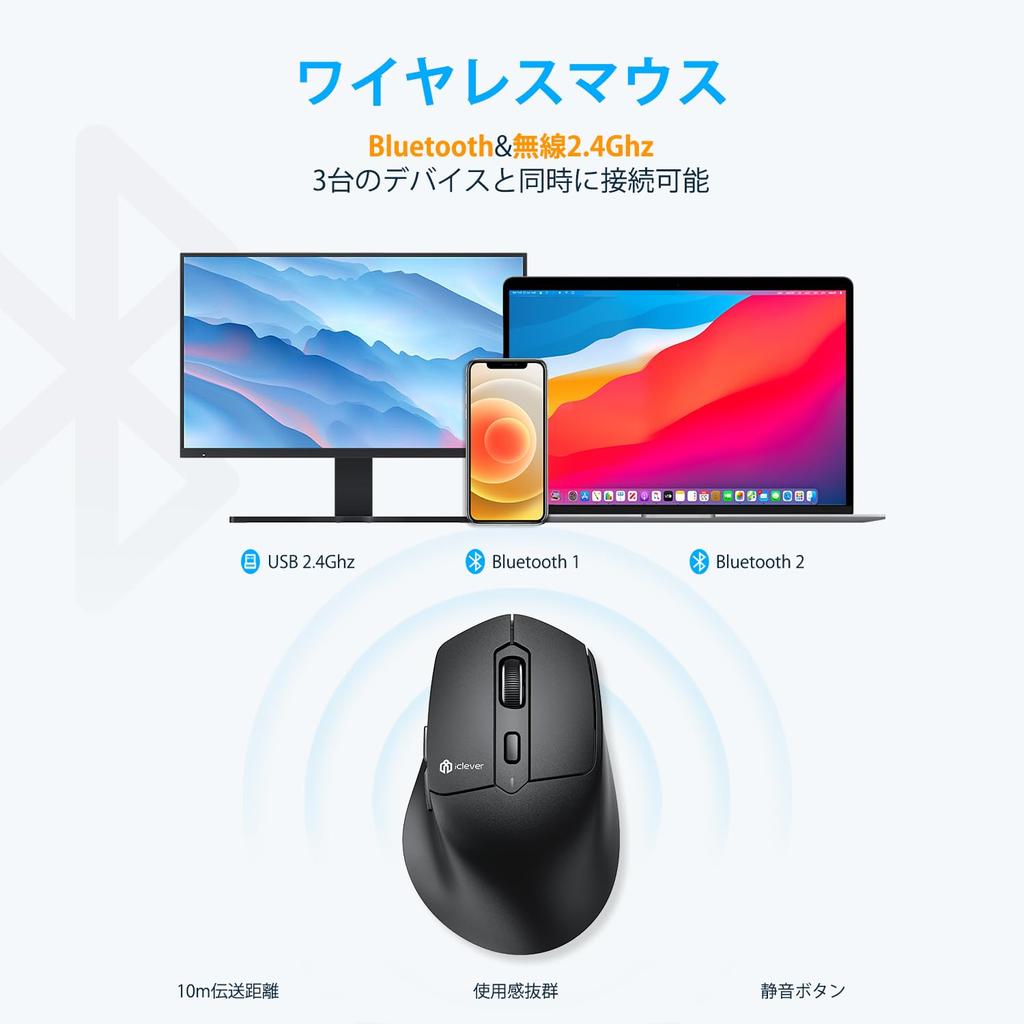 IClever Wireless Mouse Беспроводная мышь Bluetooth Jiggler Двойной режим Перезаряжаемая кнопка Легкий щелчок Бесшумный 7 кнопок Переключение DPI Высокая точность
