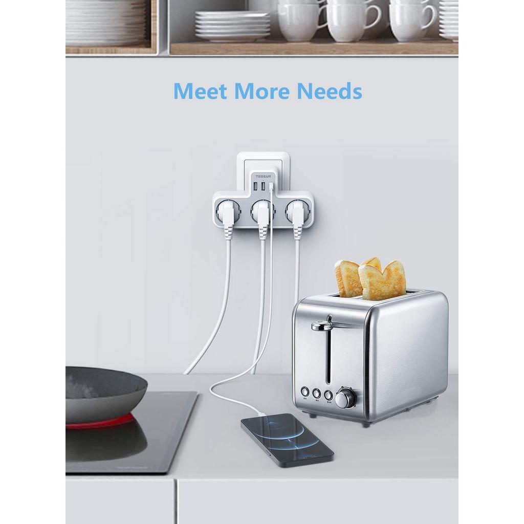 Tessan USB-адаптер с 3 розетками переменного тока и 2/3 USB-портами для зарядки, многоразовый удлинитель с вилкой европейского стандарта, для смартфона, планшета, MP3