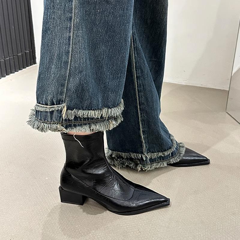 2025 Новые женские ботильоны Весенне-осенняя мода Острый носок Женские короткие ботинки Слипоны Квадратный низкий каблук Женские ботильоны