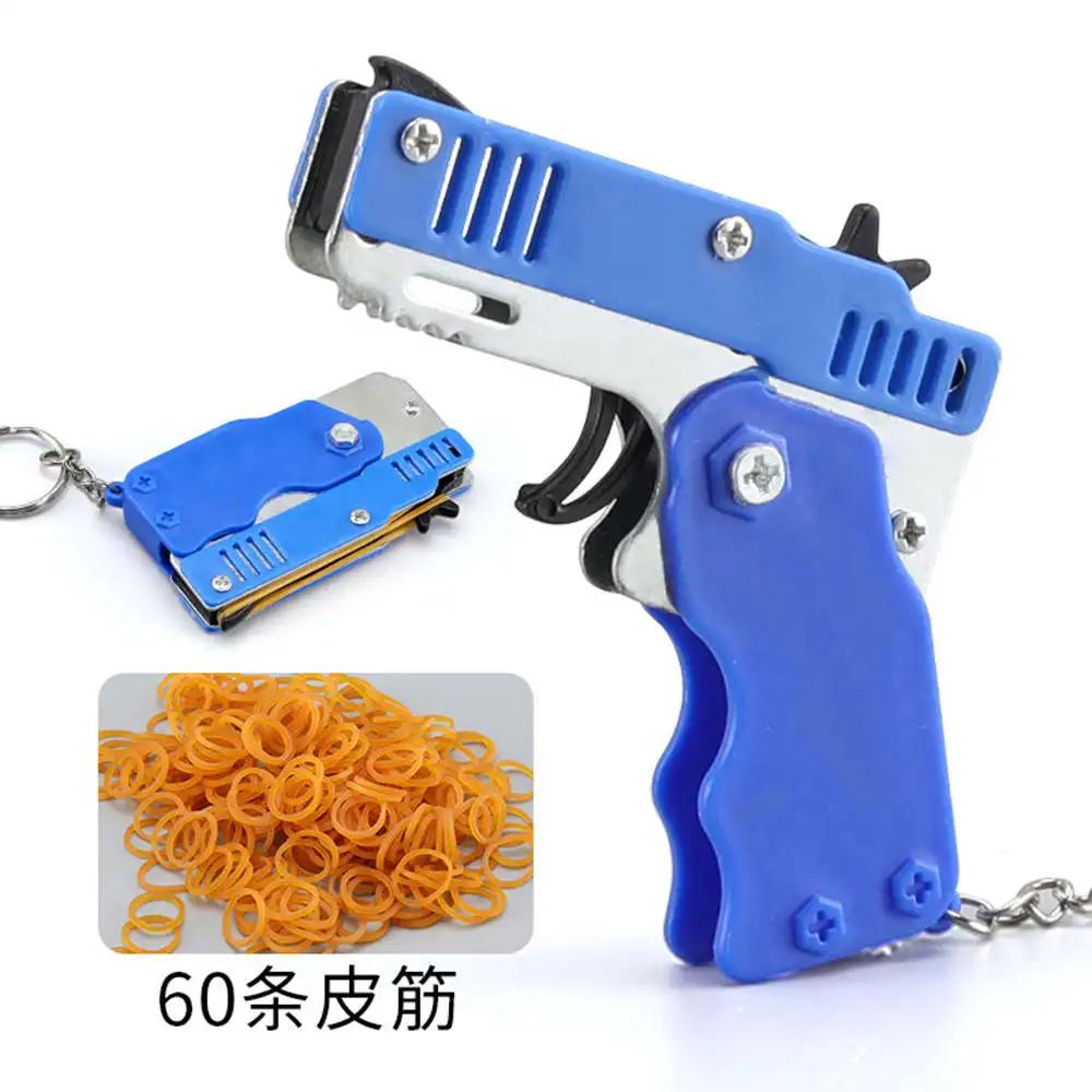 Mini Rubber Bands Shoot Gun Alloy Material Multi Function 6 Colors Key Chain Collapsible Funny Mini Gun Toys For Kids