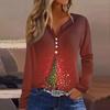 Женская футболка с рождественским принтом на пуговицах с длинным рукавом, повседневная, выходного дня, модная, базовая, с V-образным вырезом, обычная