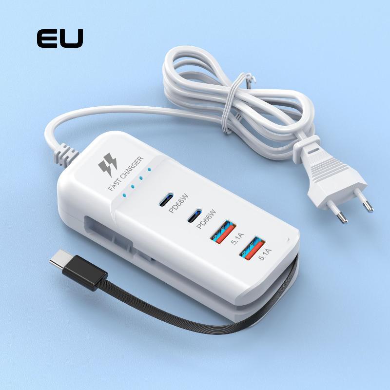 66W Pd Fast Charging Power Strip With Retractable Cable 2 Usb 2 Pd Ports Antistatic Design For Home Office Travel