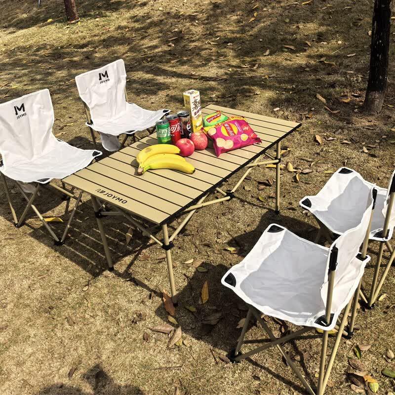 Jimen 120cm Metal Roll-Up Camping Table & 4 Foldable Moon Chairs Set